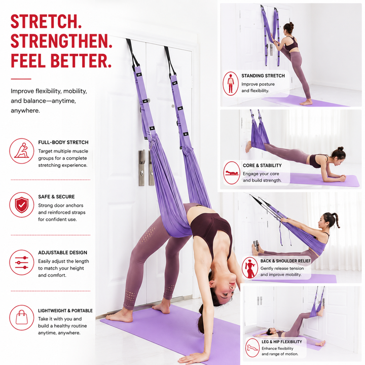 Premium Aerial Yoga Belt Durable Elastic Inversion Trainer Yoga Fitness Stretching Thick Fabric Split Flexibility Training Adults Kids Seniors Support Strap