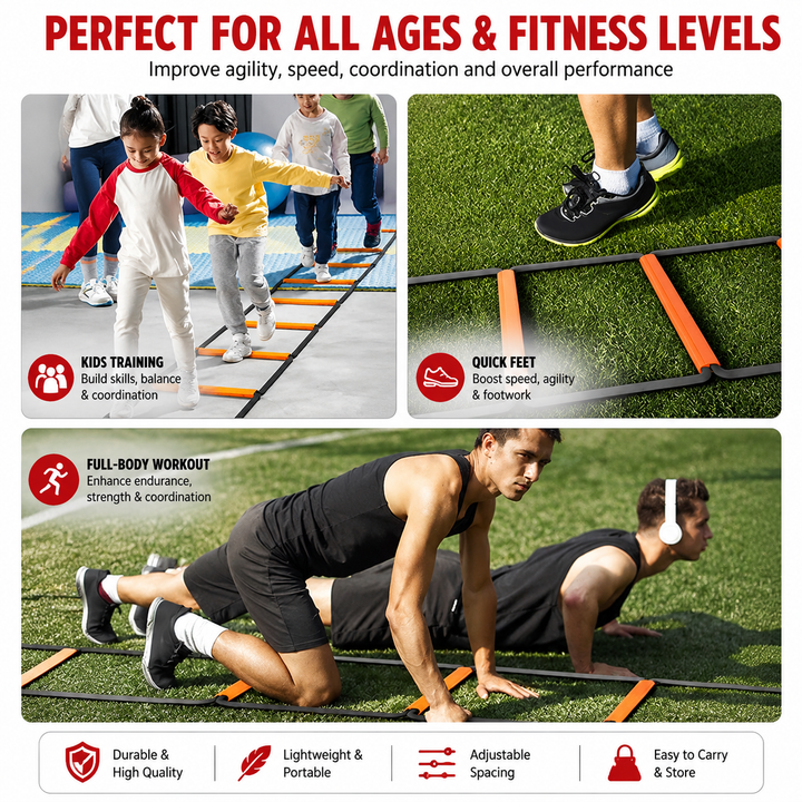 Premium Agility Ladder Soccer Football Training Speed Coordination Footwork Equipment 3-in-1 Drill Set Carry Bag Kids Adults Sports Training Tool