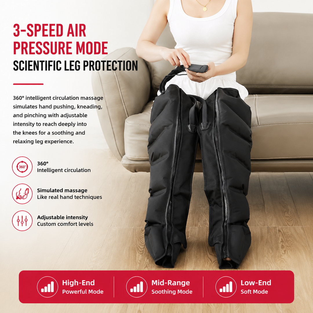 Premium Airwave Compression Leg Massager Full Leg Air Pressure Wrap 3 Modes 3 Intensity Levels Cotton Sleeve 360 Degree Foot Calf Knee Massage System Home Use