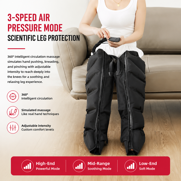 Premium Airwave Compression Leg Massager Full Leg Air Pressure Wrap 3 Modes 3 Intensity Levels Cotton Sleeve 360 Degree Foot Calf Knee Massage System Home Use