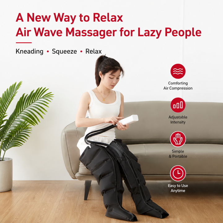 Premium Airwave Compression Leg Massager Full Leg Air Pressure Wrap 3 Modes 3 Intensity Levels Cotton Sleeve 360 Degree Foot Calf Knee Massage System Home Use