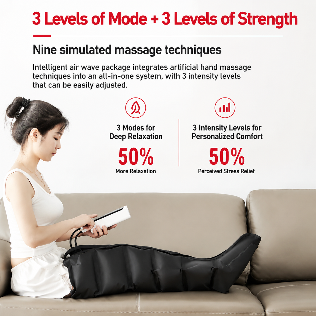 Premium Airwave Compression Leg Massager Full Leg Air Pressure Wrap 3 Modes 3 Intensity Levels Cotton Sleeve 360 Degree Foot Calf Knee Massage System Home Use