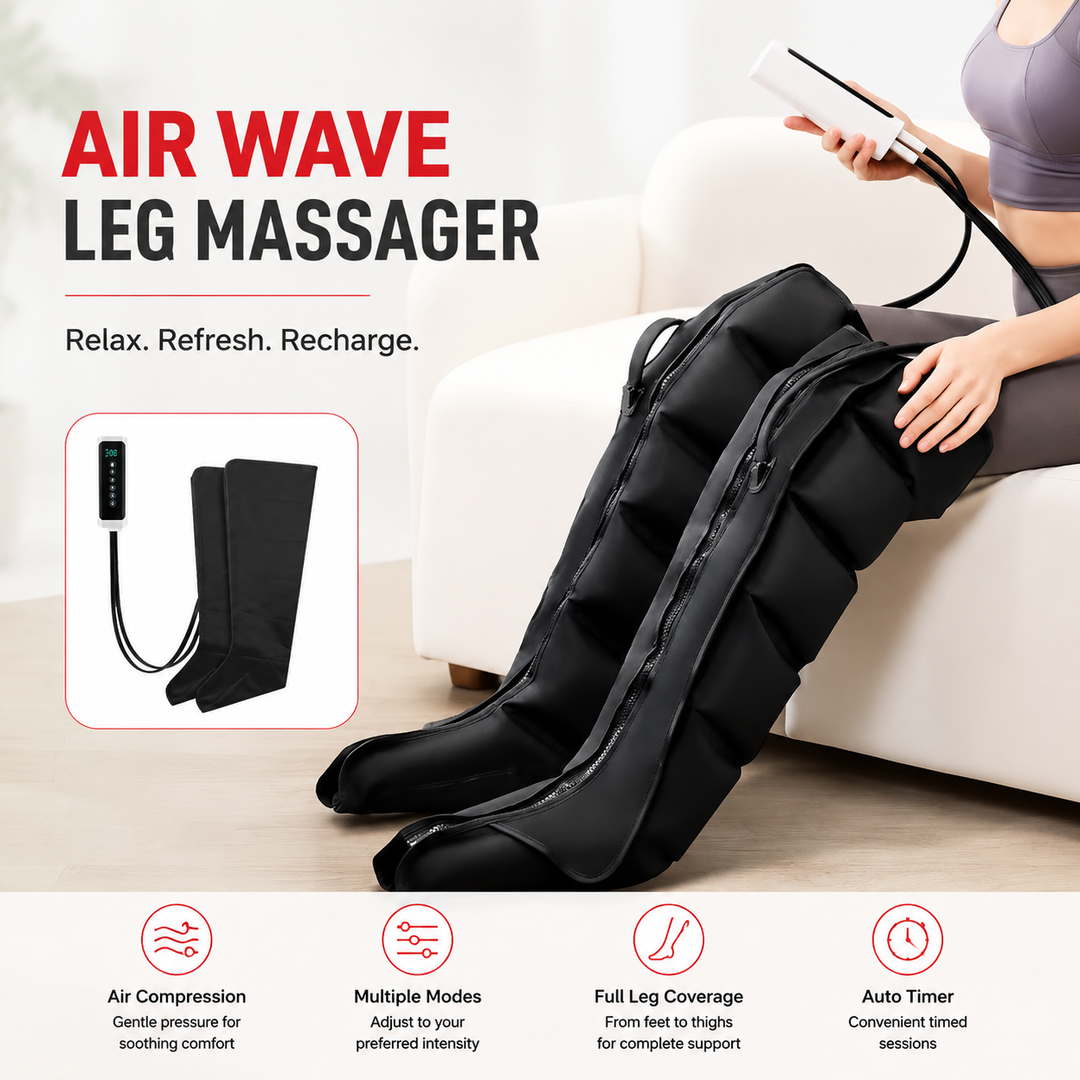 Premium Airwave Compression Leg Massager Full Leg Air Pressure Wrap 3 Modes 3 Intensity Levels Cotton Sleeve 360 Degree Foot Calf Knee Massage System Home Use