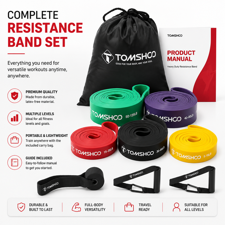 Premium All In One Pull Up Resistance Band Set 5 Levels 5–125 LB Latex Resistance Bands with Handles Door Anchor Carry Bag Full Body Home Workout Fitness Kit