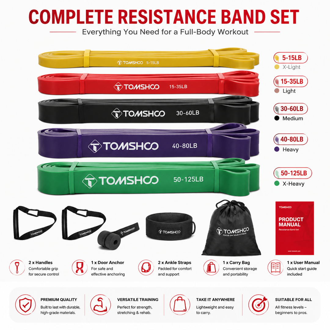 Premium All In One Pull Up Resistance Band Set 5 Levels 5–125 LB Latex Resistance Bands with Handles Door Anchor Carry Bag Full Body Home Workout Fitness Kit