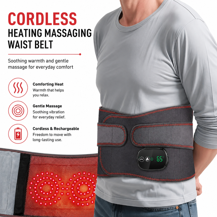 Premium Back Massager Belt with Heat Cordless Lumbar Heating Pad Red Light Vibration Massage 5000mAh Rechargeable Waist Support Pain Relief Device
