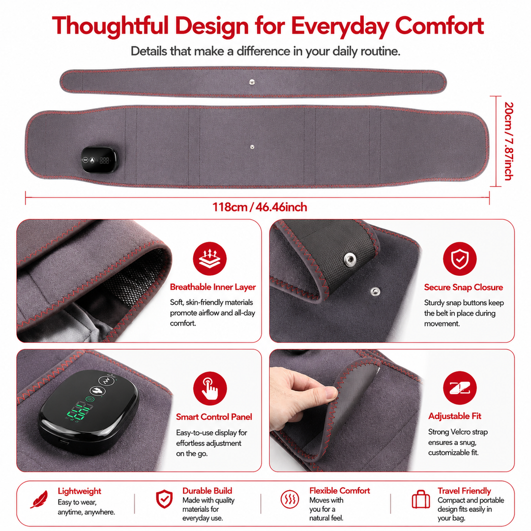 Premium Back Massager Belt with Heat Cordless Lumbar Heating Pad Red Light Vibration Massage 5000mAh Rechargeable Waist Support Pain Relief Device