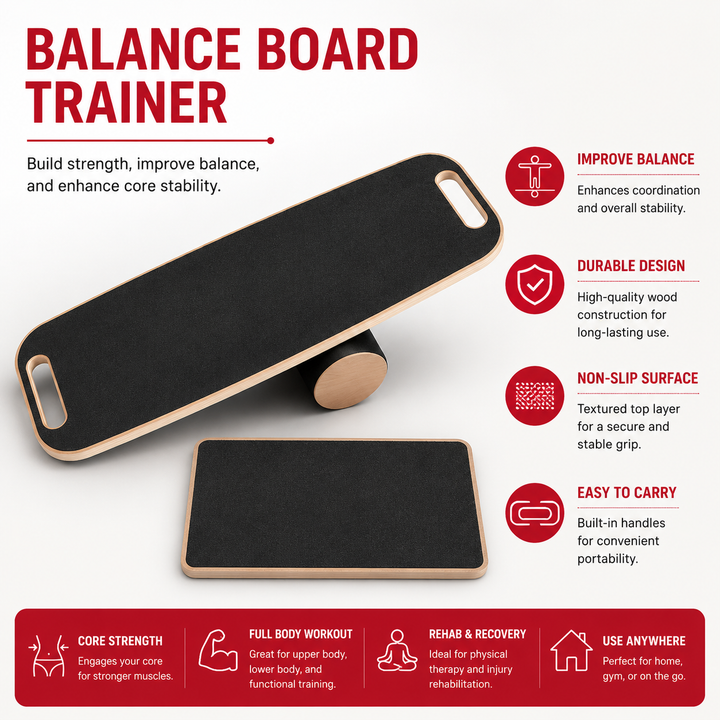 Premium Balance Board 360 Degree Wobble Trainer Anti Slip Wooden Board Rubber Base Core Stability Trainer for Home Office Gym Daily Use Fitness Training