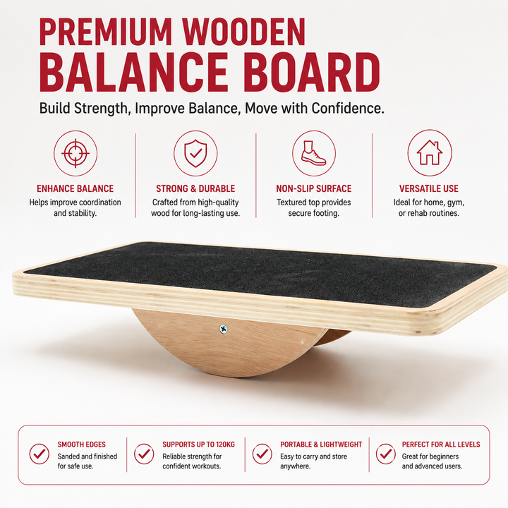 Premium Balance Board 360 Degree Wobble Trainer Anti Slip Wooden Board Rubber Base Core Stability Trainer for Home Office Gym Daily Use Fitness Training