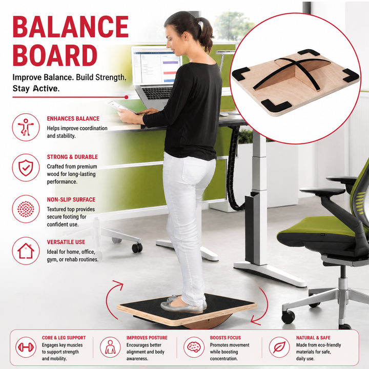 Premium Balance Board 360 Degree Wobble Trainer Anti Slip Wooden Board Rubber Base Core Stability Trainer for Home Office Gym Daily Use Fitness Training