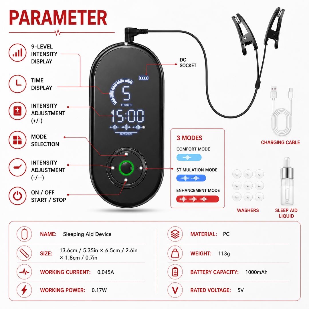 Premium CES Sleep Aid Device Microcurrent Ear Clip Sleep Therapy for Relaxation Stress Support Adjustable Intensity USB-C Rechargeable Portable Design