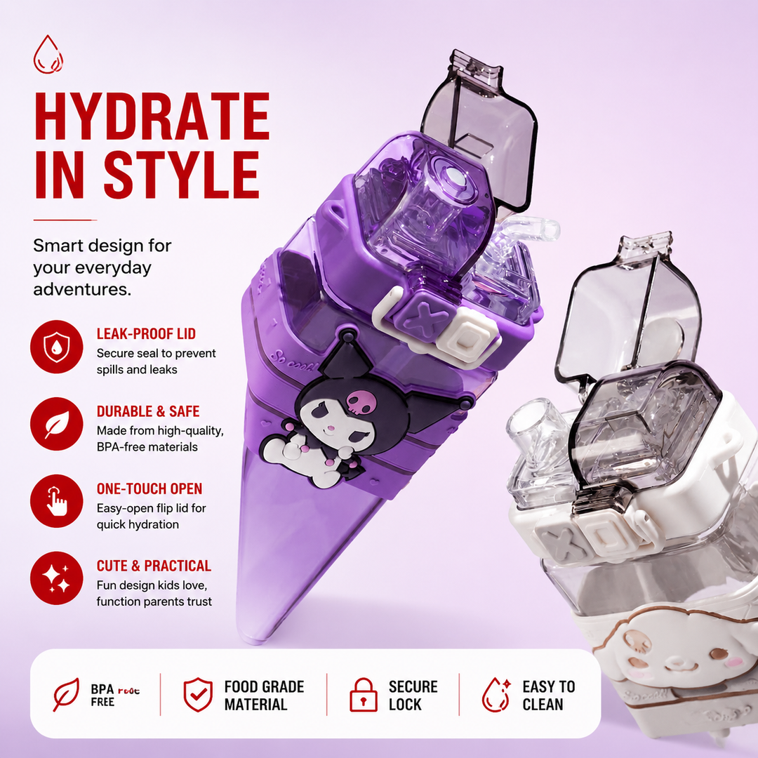 Premium Cartoon Water Bottle 520ML Double Drink Cup Leak Proof Plastic Bottle Cute Design Portable Student Bottle School Travel Daily Use
