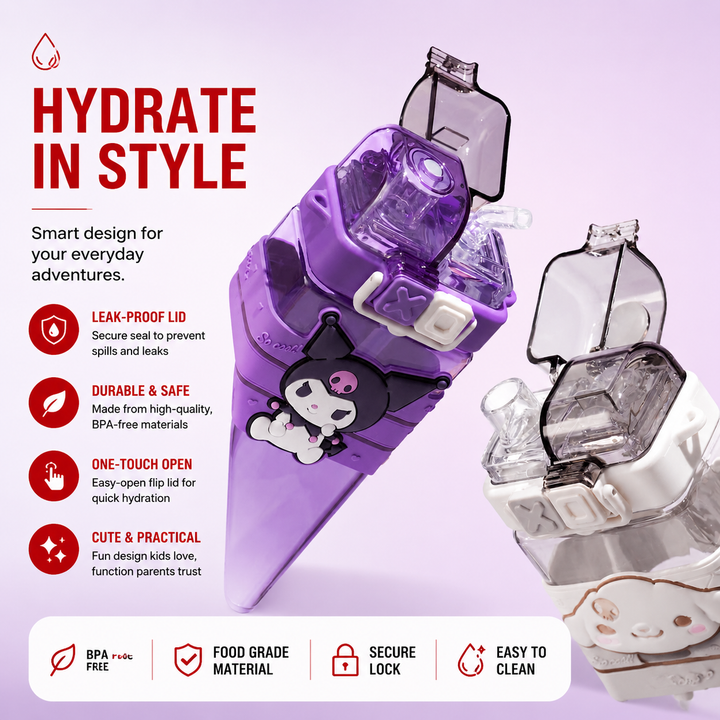 Premium Cartoon Water Bottle 520ML Double Drink Cup Leak Proof Plastic Bottle Cute Design Portable Student Bottle School Travel Daily Use