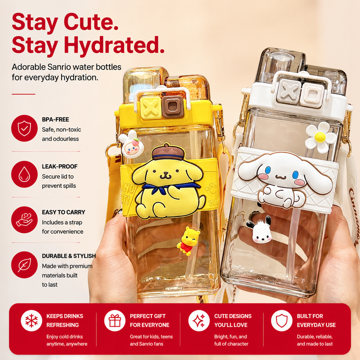 Premium Cartoon Water Bottle 520ML Double Drink Cup Leak Proof Plastic Bottle Cute Design Portable Student Bottle School Travel Daily Use