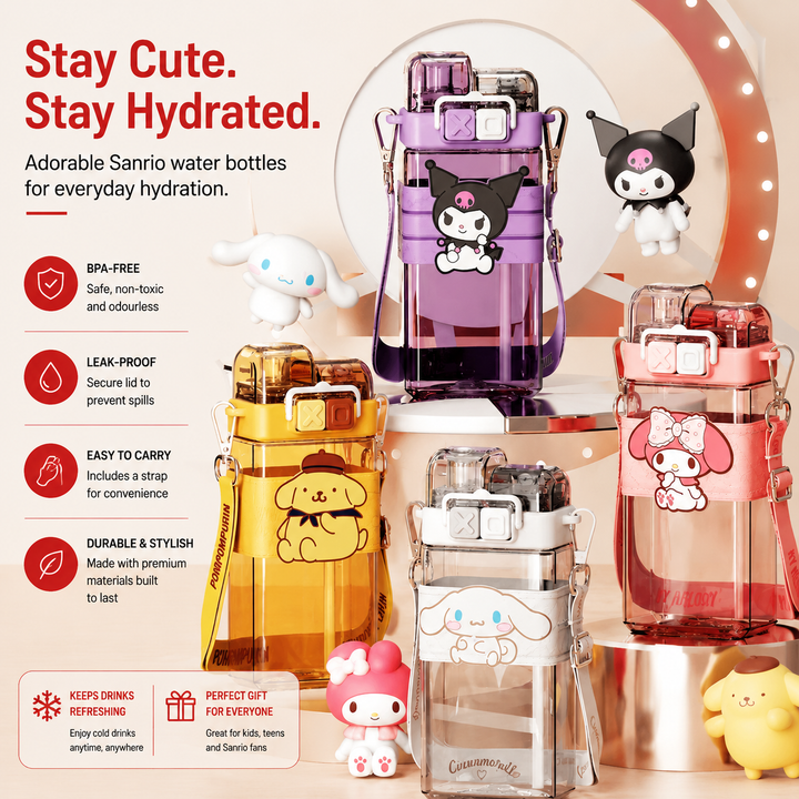 Premium Cartoon Water Bottle 520ML Double Drink Cup Leak Proof Plastic Bottle Cute Design Portable Student Bottle School Travel Daily Use