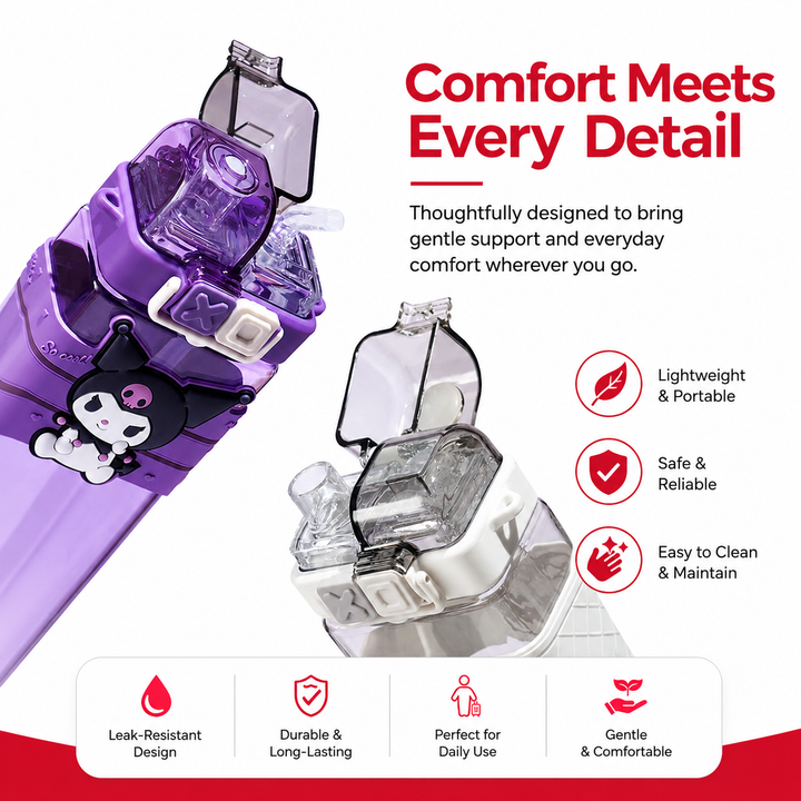 Premium Cartoon Water Bottle 520ML Double Drink Cup Leak Proof Plastic Bottle Cute Design Portable Student Bottle School Travel Daily Use