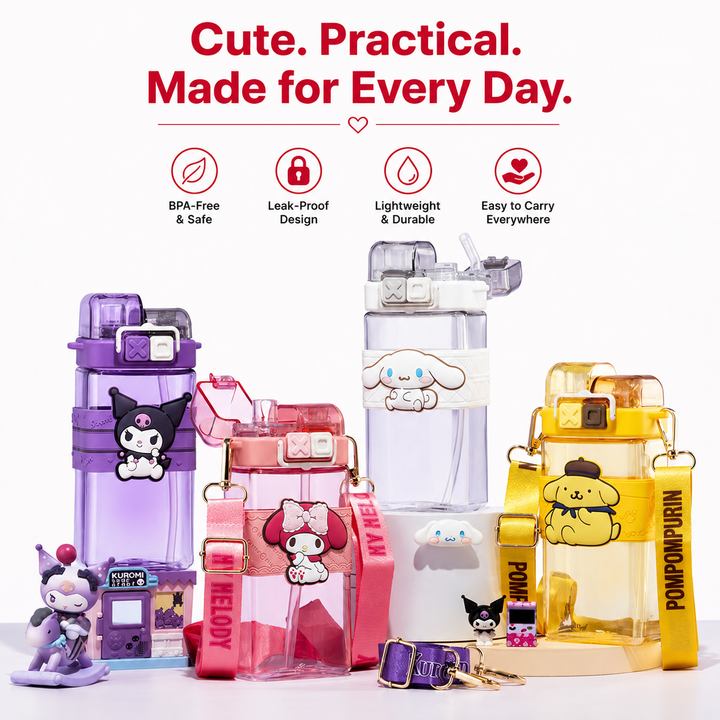 Premium Cartoon Water Bottle 520ML Double Drink Cup Leak Proof Plastic Bottle Cute Design Portable Student Bottle School Travel Daily Use