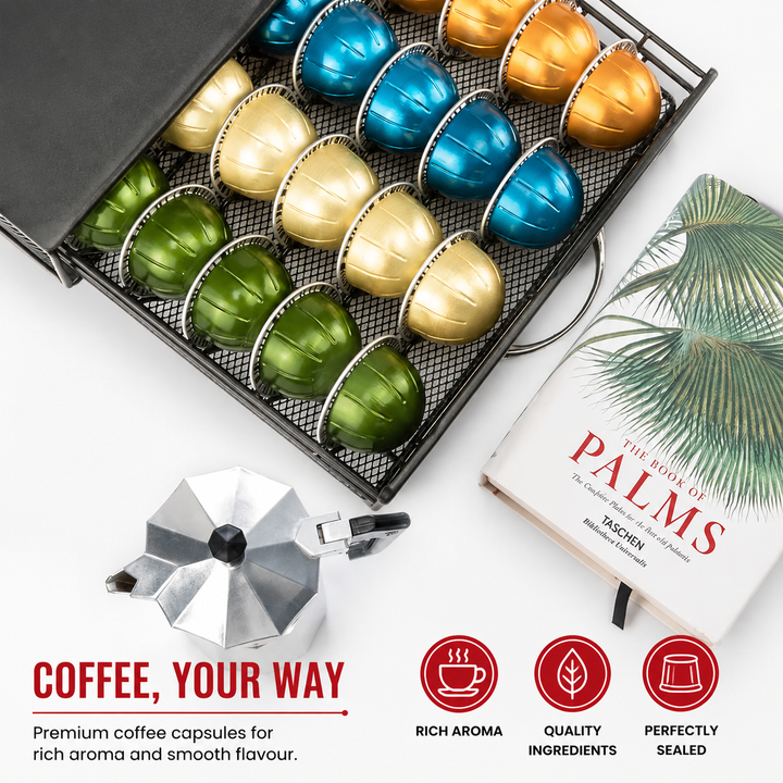 Premium Coffee Capsule Pod Holder Metal Storage Rack Organizer Coffee Pod Drawer Compatible Capsule Storage for Nespresso Dolce Gusto Lavazza Coffee Systems