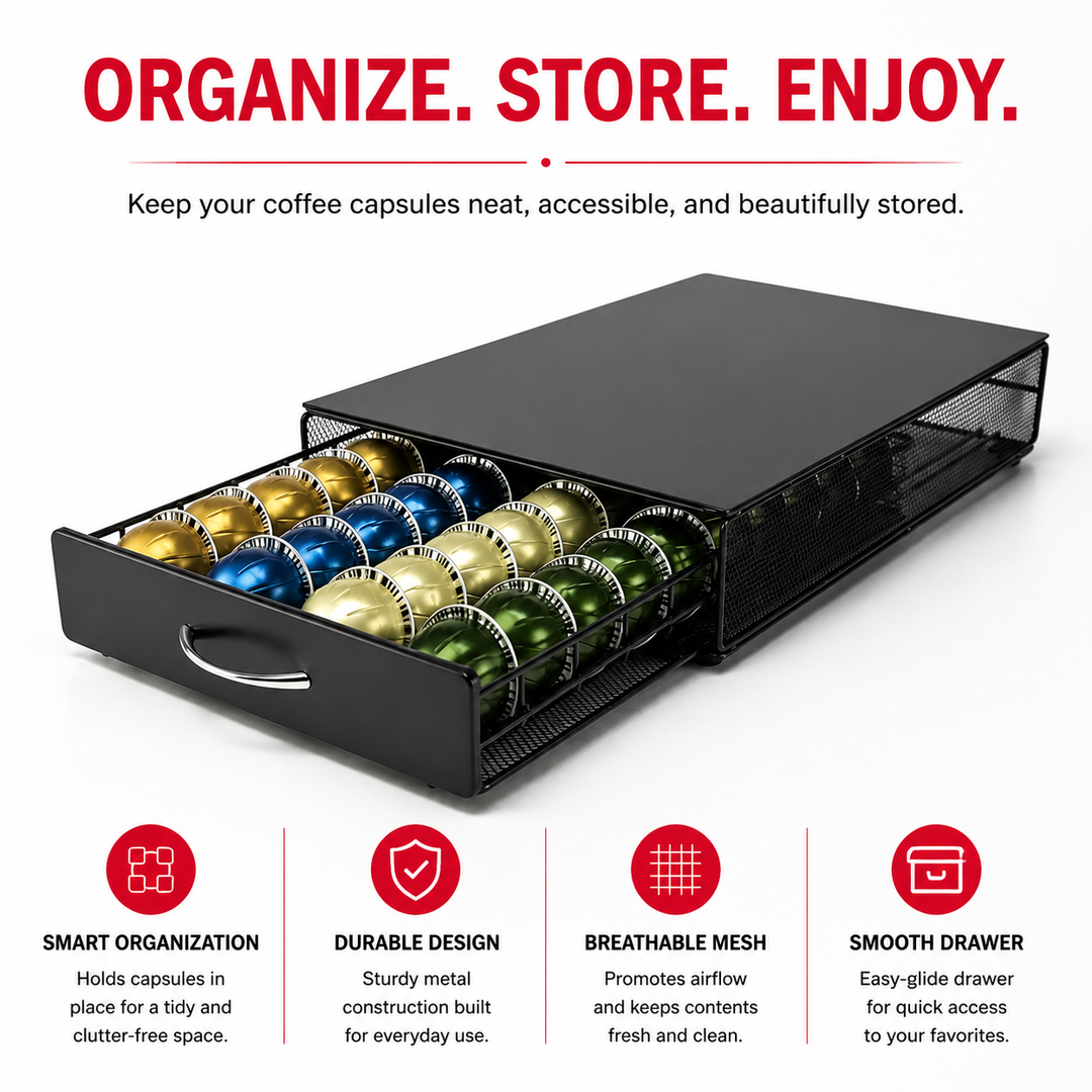 Premium Coffee Capsule Pod Holder Metal Storage Rack Organizer Coffee Pod Drawer Compatible Capsule Storage for Nespresso Dolce Gusto Lavazza Coffee Systems