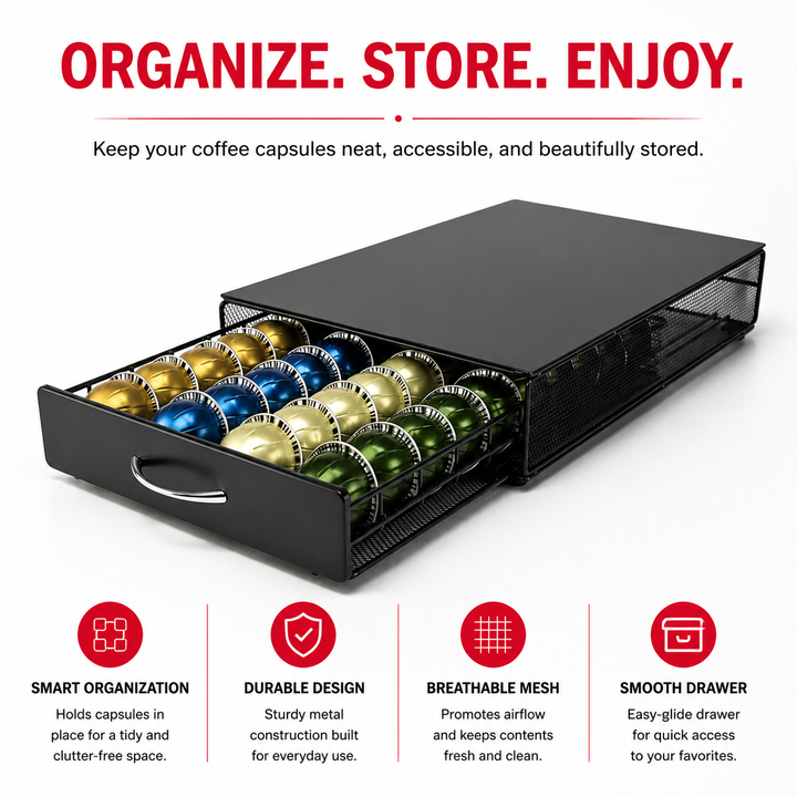 Premium Coffee Capsule Pod Holder Metal Storage Rack Organizer Coffee Pod Drawer Compatible Capsule Storage for Nespresso Dolce Gusto Lavazza Coffee Systems