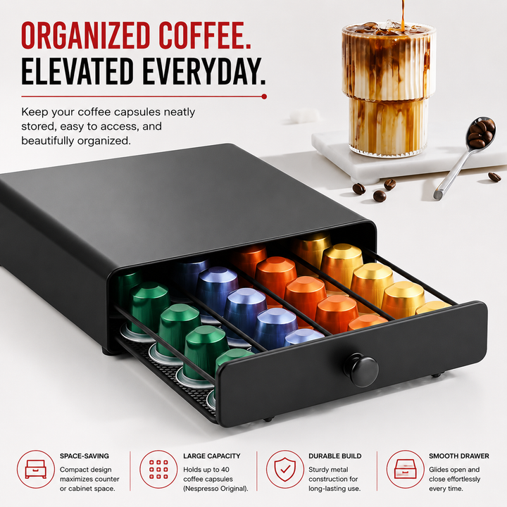 Premium Coffee Pod Storage Drawer Nespresso Capsule Organizer 40 Pod Under Machine Holder Steel Frame Mesh Base Non Slip Coffee Station Storage