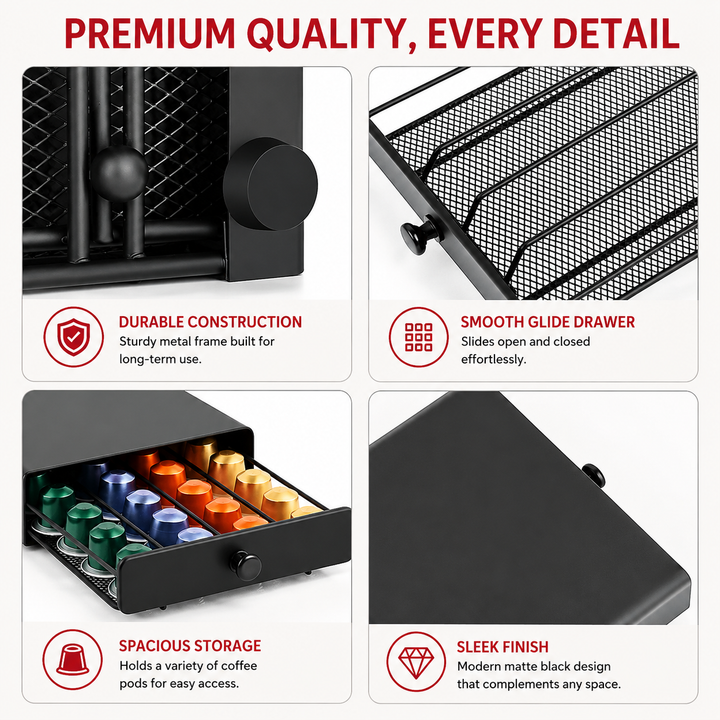 Premium Coffee Pod Storage Drawer Nespresso Capsule Organizer 40 Pod Under Machine Holder Steel Frame Mesh Base Non Slip Coffee Station Storage