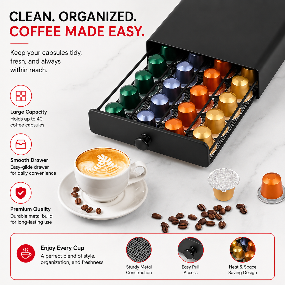 Premium Coffee Pod Storage Drawer Nespresso Capsule Organizer 40 Pod Under Machine Holder Steel Frame Mesh Base Non Slip Coffee Station Storage