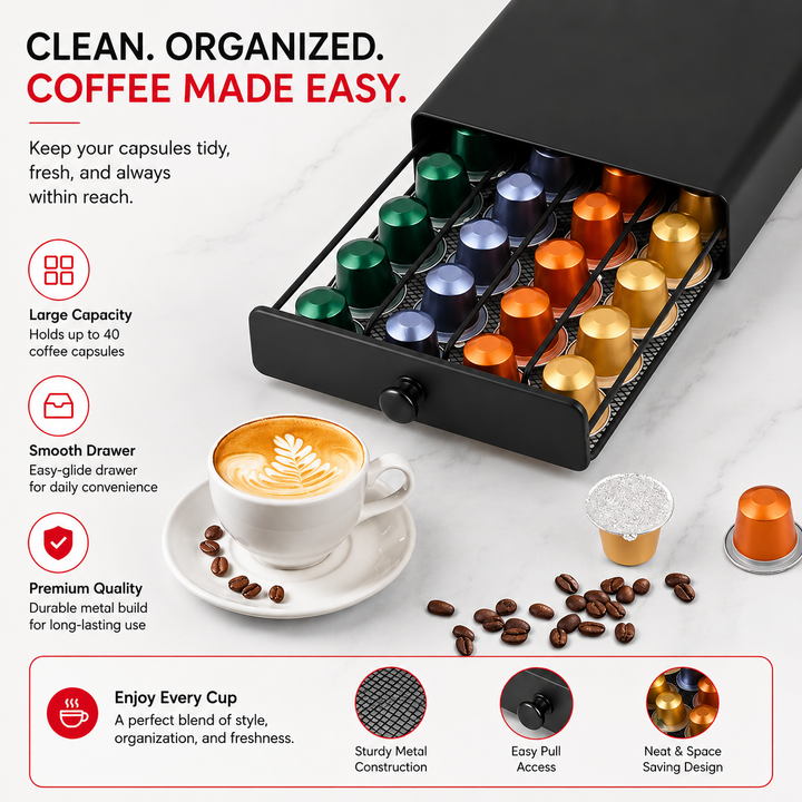 Premium Coffee Pod Storage Drawer Nespresso Capsule Organizer 40 Pod Under Machine Holder Steel Frame Mesh Base Non Slip Coffee Station Storage