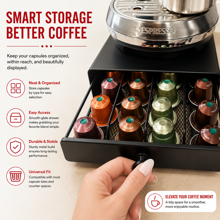 Premium Coffee Pod Storage Drawer Nespresso Capsule Organizer 40 Pod Under Machine Holder Steel Frame Mesh Base Non Slip Coffee Station Storage