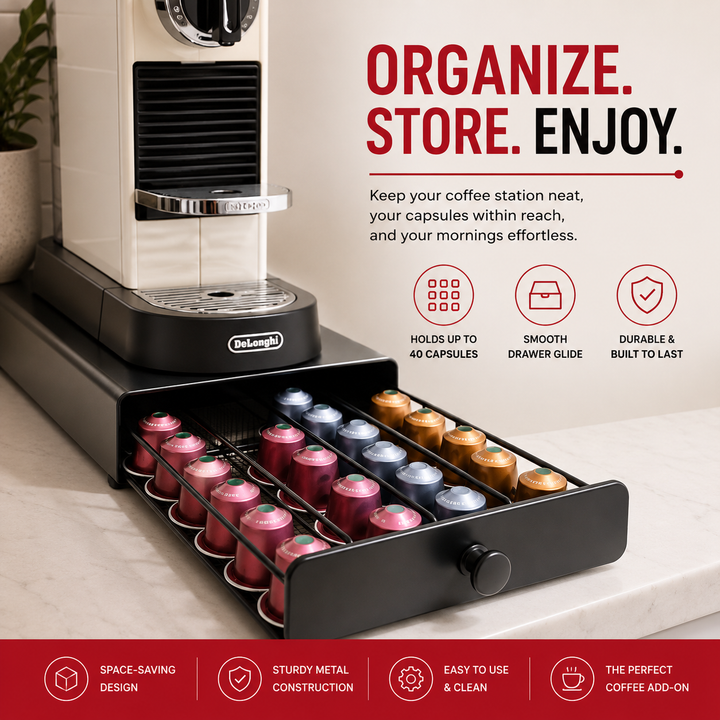 Premium Coffee Pod Storage Drawer Nespresso Capsule Organizer 40 Pod Under Machine Holder Steel Frame Mesh Base Non Slip Coffee Station Storage