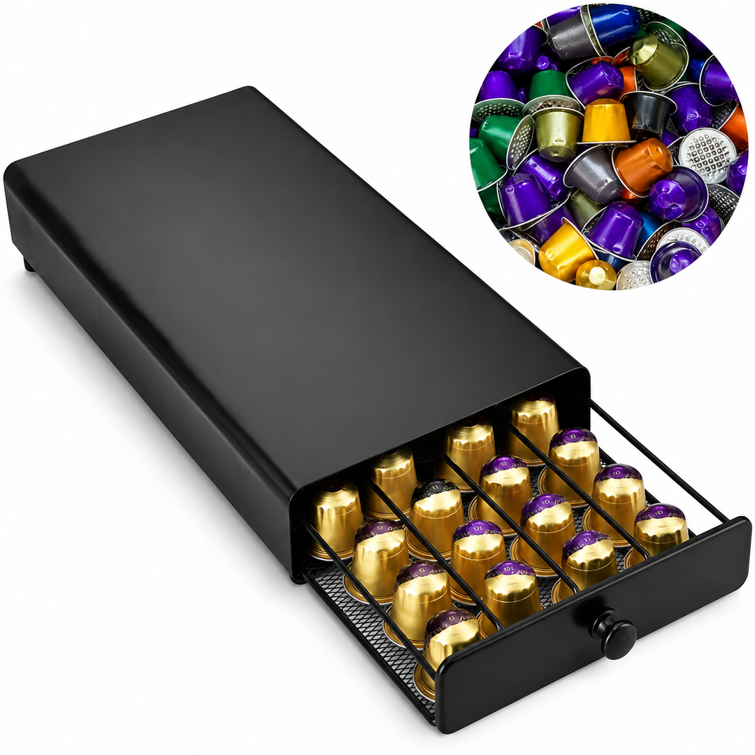Premium Coffee Pod Storage Drawer Nespresso Capsule Organizer 40 Pod Under Machine Holder Steel Frame Mesh Base Non Slip Coffee Station Storage