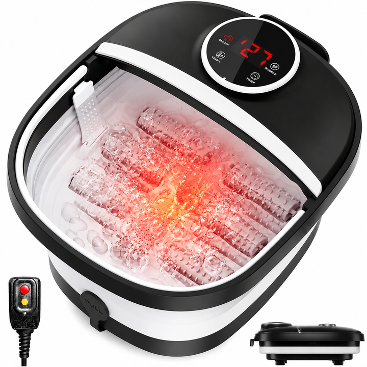 Premium Collapsible Heated Foot Spa Portable Foldable Foot Bath Bubble Massage Rollers Timer Temperature Control Space Saving Home Foot Care