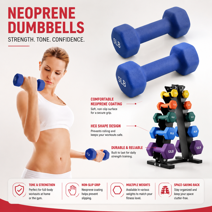 Premium Colored Neoprene Dumbbell Set Non Slip Grip Home Fitness Weights 2lb 3lb 5lb Dumbbells Strength Training Set with Compact Storage Case