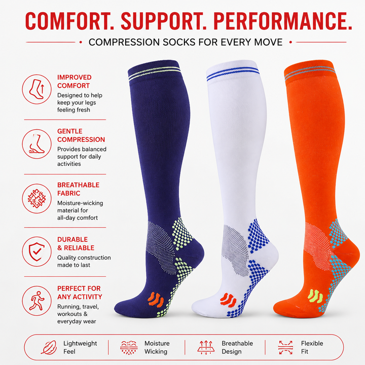 Premium Compression Socks 20–30 mmHg Support Socks Breathable Moisture Wicking Unisex Knee High Compression Stockings Sports Travel Work Daily Use 1 or 3 Pairs