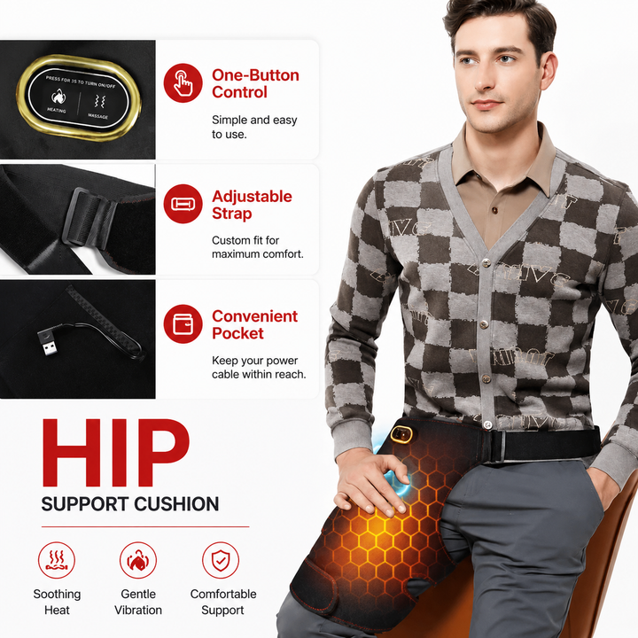 Premium Cordless Heated Hip Support Brace Adjustable Compression Wrap Vibration Massage 3 Level Heat USB Powered Hip and Lower Back Support Device