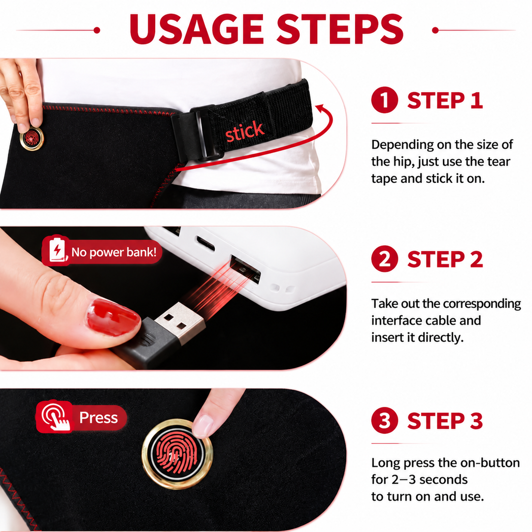 Premium Cordless Heated Hip Support Brace Adjustable Compression Wrap Vibration Massage 3 Level Heat USB Powered Hip and Lower Back Support Device
