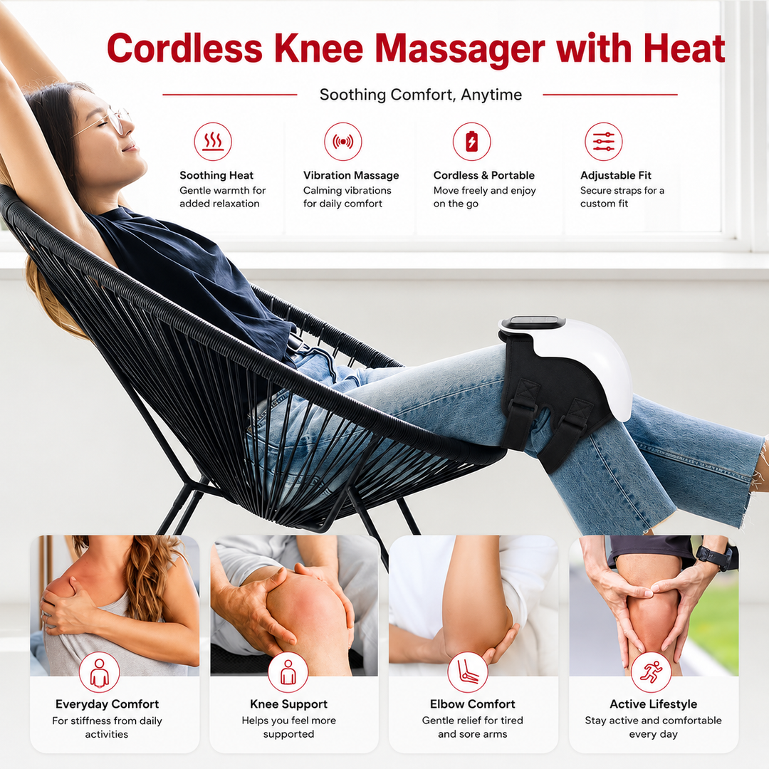 Premium Cordless Heated Knee Massager 3000mAh Rechargeable Battery 3 Heat 3 Vibration Modes Pain Relief Wrap for Knee Shoulder Elbow Arthritis Recovery Circulation Support