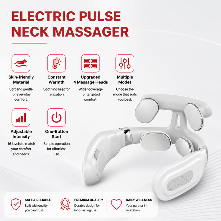 Premium Cordless Neck Massager with Heat EMS Deep Tissue Relaxation Device 16 Intensity Levels Hands-Free Neck Pain Relief Massager for Daily Use