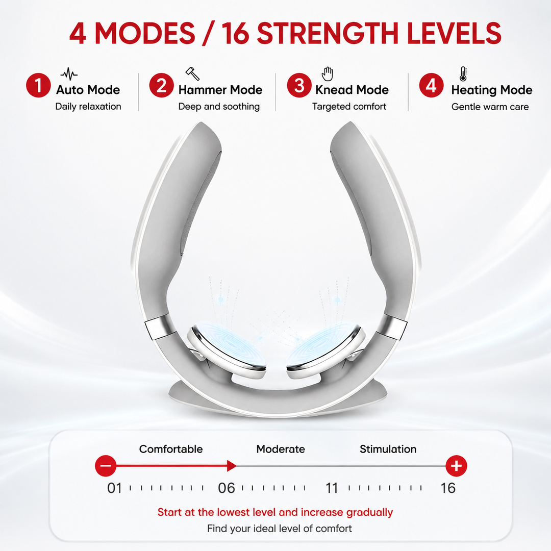 Premium Cordless Neck Massager with Heat EMS Deep Tissue Relaxation Device 16 Intensity Levels Hands-Free Neck Pain Relief Massager for Daily Use