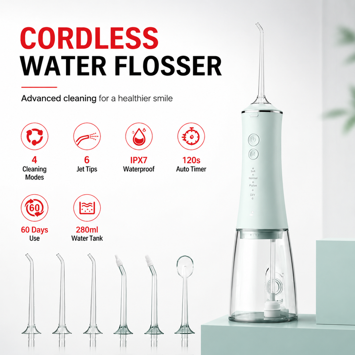 Premium Cordless Water Flosser 280ml Portable Oral Irrigator 4 Modes 6 Tips USB Rechargeable IPX7 Waterproof Dental Cleaner Deep Gum Care Travel Device