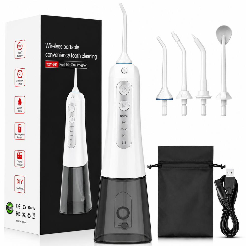Premium Cordless Water Flosser Portable Oral Irrigator Rechargeable IPX7 Waterproof Teeth Cleaning Device 4 Modes 5 Tips Deep Gum Dental Care Cleaner