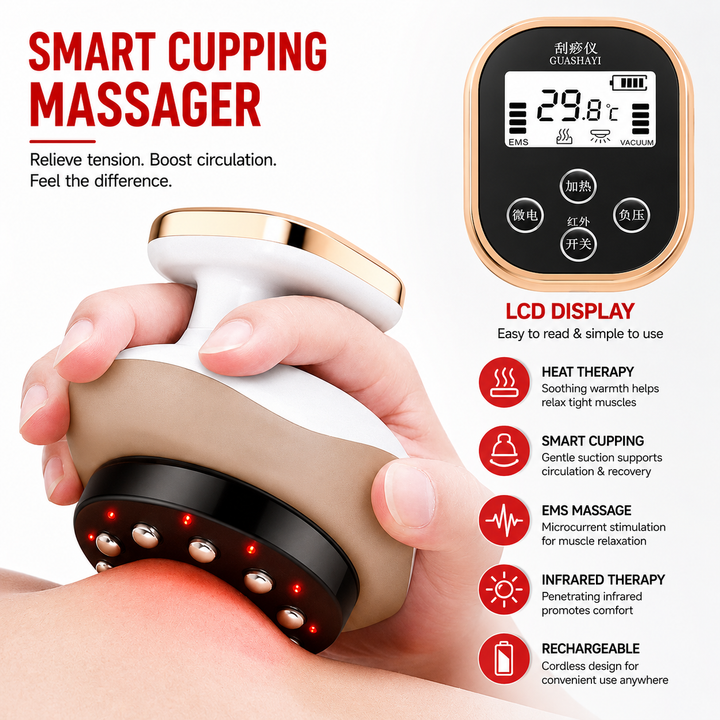 Premium Cupping Massager LCD Display Vacuum Suction Massage Device EMS Heating Therapy Gua Sha Scraping Tool Rechargeable Body Wellness Massager