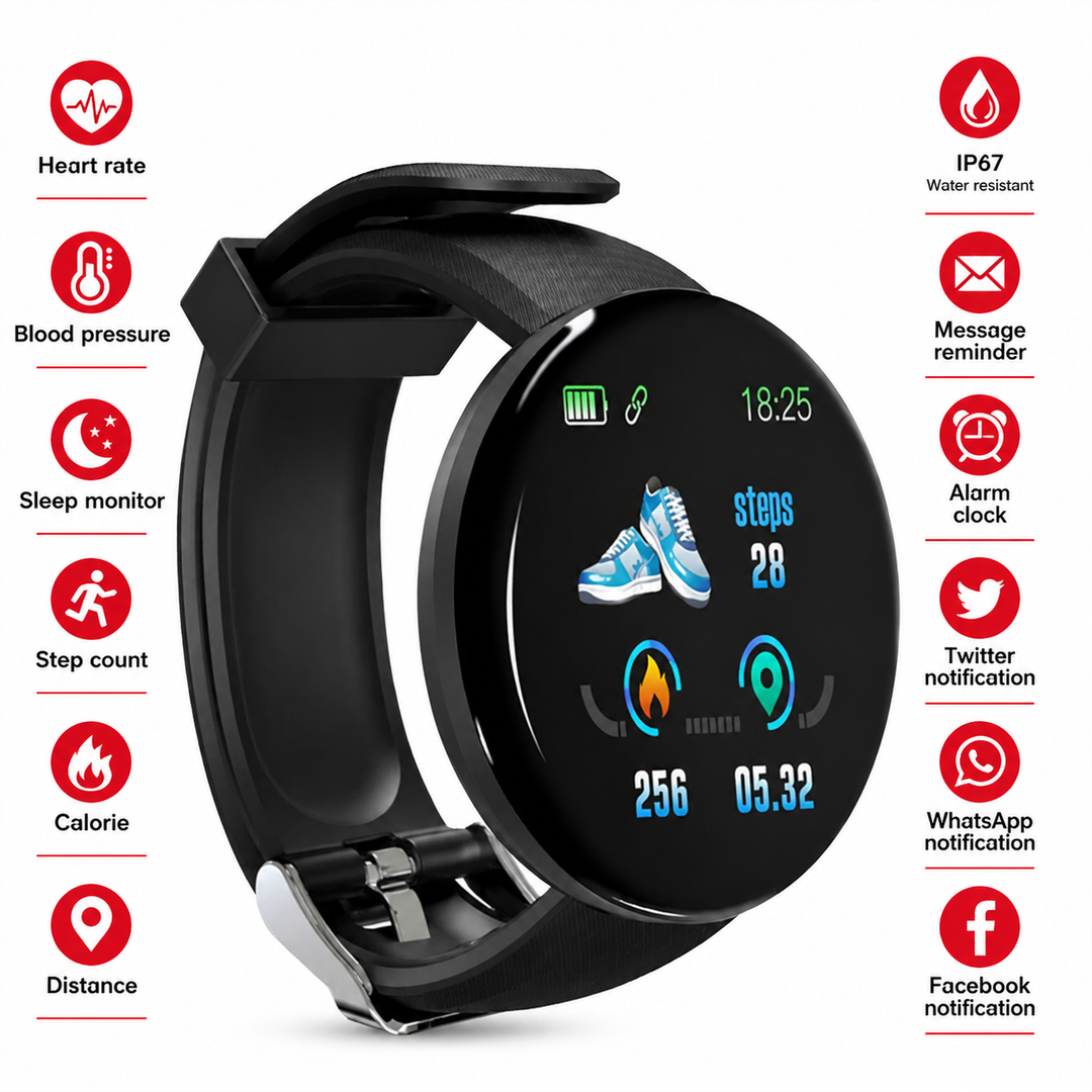 Premium D18 Smart Watch Fitness Tracker 1.3 Inch Touch Display Bluetooth Waterproof Activity Watch Call Message Alerts Heart Rate Sleep Tracking Smart Band