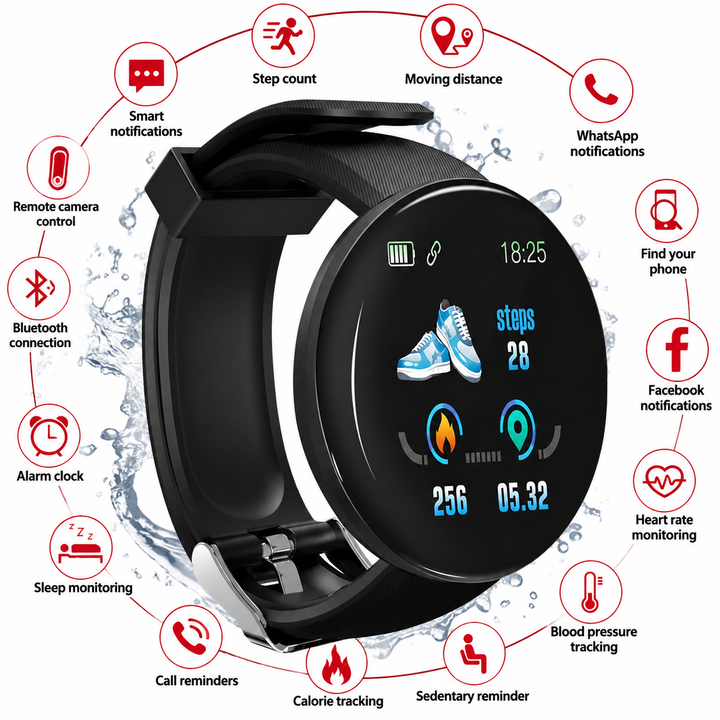 Premium D18 Smart Watch Fitness Tracker 1.3 Inch Touch Display Bluetooth Waterproof Activity Watch Call Message Alerts Heart Rate Sleep Tracking Smart Band