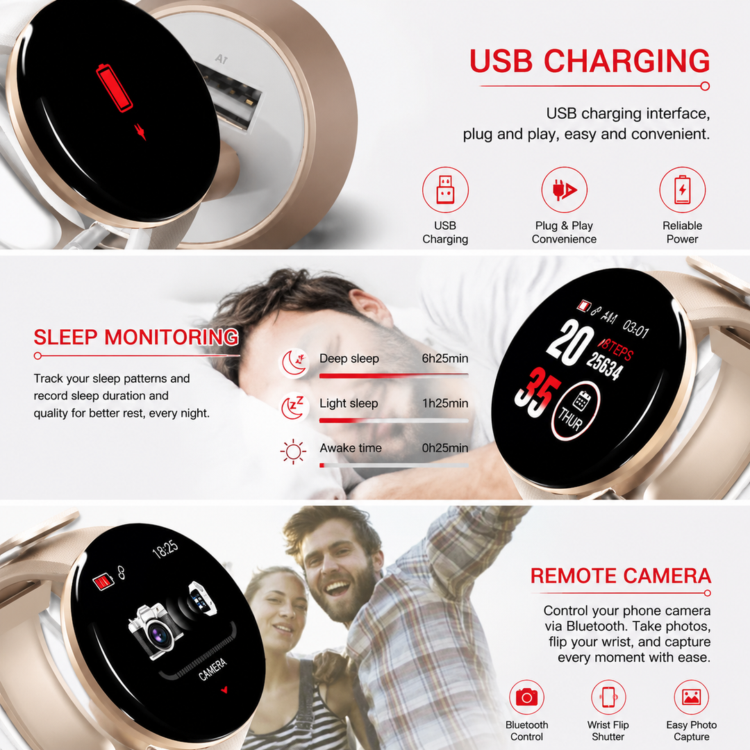 Premium D18 Smart Watch Fitness Tracker 1.3 Inch Touch Display Bluetooth Waterproof Activity Watch Call Message Alerts Heart Rate Sleep Tracking Smart Band