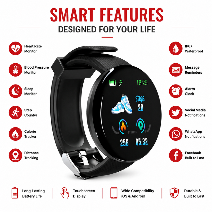 Premium D18 Smart Watch Fitness Tracker Heart Rate Blood Pressure Oxygen Monitor Waterproof Bluetooth Call Message Notifications Android iOS Compatible