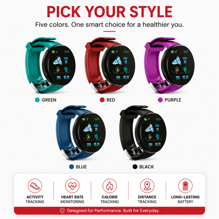 Premium D18 Smart Watch Fitness Tracker Heart Rate Blood Pressure Oxygen Monitor Waterproof Bluetooth Call Message Notifications Android iOS Compatible