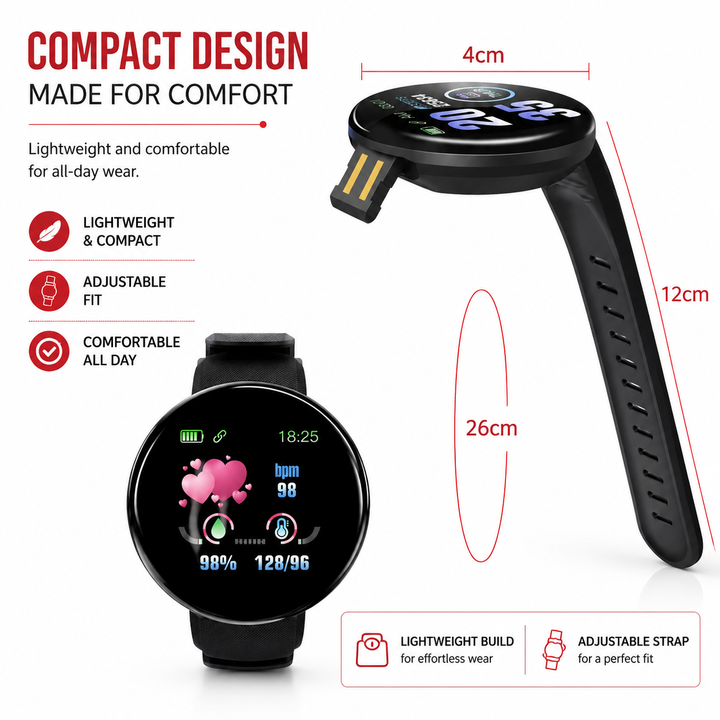 Premium D18 Smart Watch Fitness Tracker Heart Rate Blood Pressure Oxygen Monitor Waterproof Bluetooth Call Message Notifications Android iOS Compatible