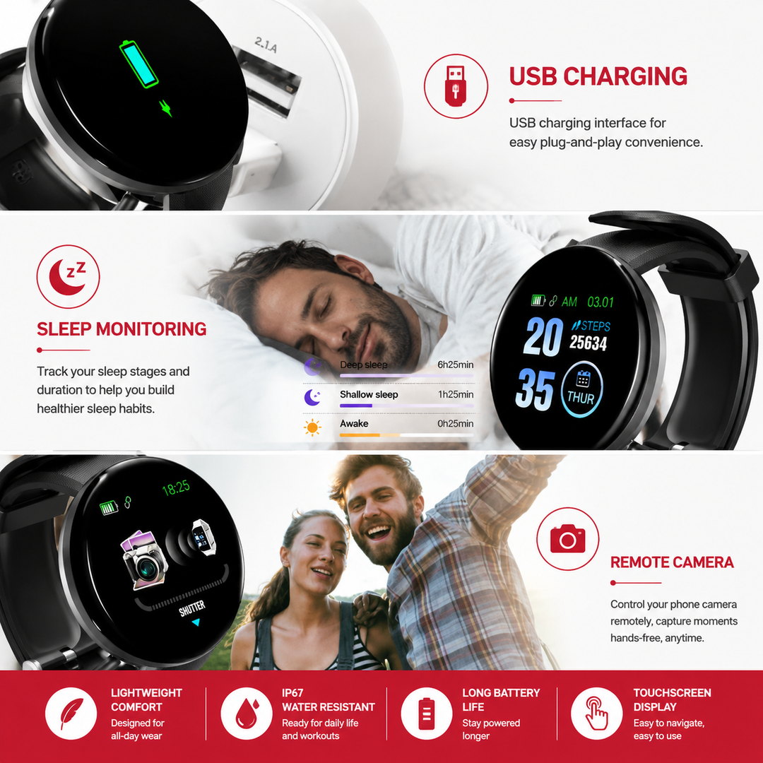 Premium D18 Smart Watch Fitness Tracker Heart Rate Blood Pressure Oxygen Monitor Waterproof Bluetooth Call Message Notifications Android iOS Compatible