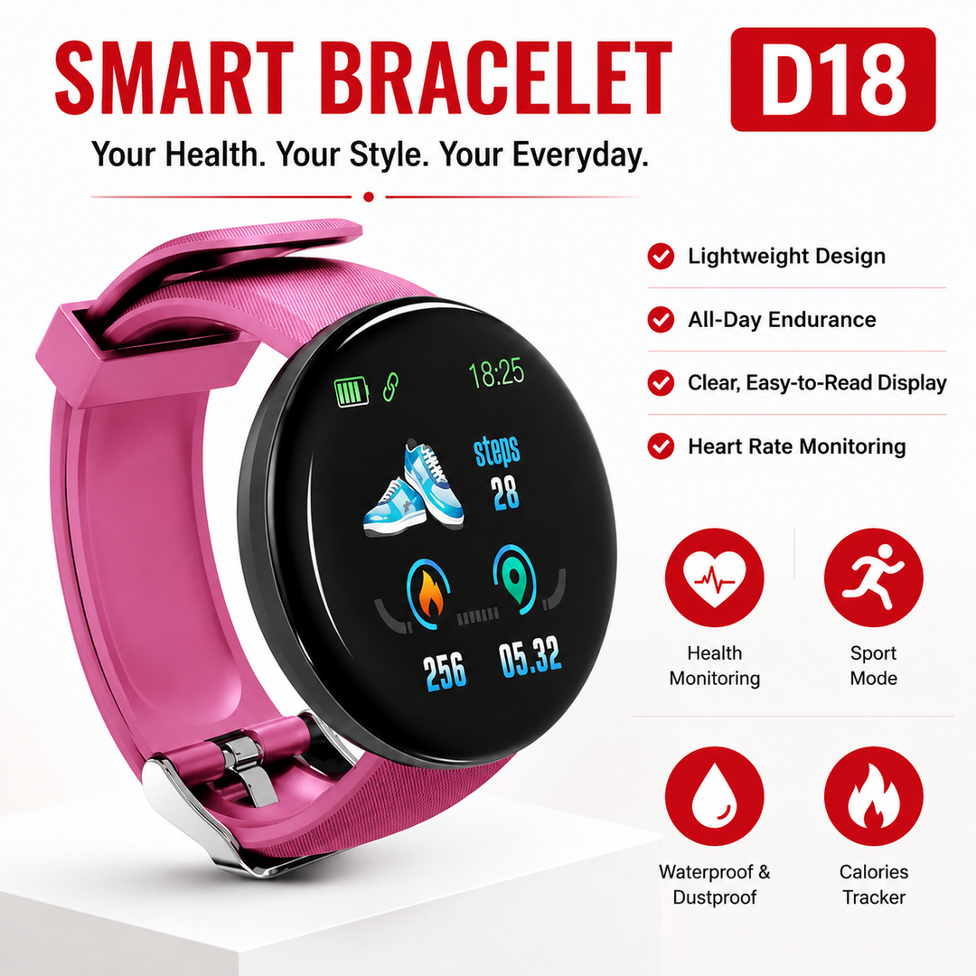 Premium D18 Smart Watch Fitness Tracker Heart Rate Blood Pressure Oxygen Monitor Waterproof Bluetooth Call Message Notifications Android iOS Compatible